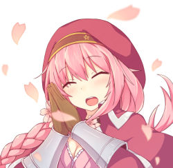 Rule 34 | 1girl, bad id, bad pixiv id, braid, brown gloves, cherry blossoms, choker, closed eyes, flower knight girl, gloves, hat, long hair, name connection, object namesake, own hands together, pink hair, red hat, sakura (flower knight girl), shinopoko, smile, solo, upper body, white background