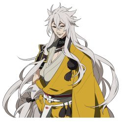 Rule 34 | 10s, 1672, 1boy, animal ears, armor, bad id, bad pixiv id, bare pectorals, bishounen, fox ears, gold trim, japanese armor, japanese clothes, kogitsunemaru, long hair, male focus, open mouth, pectorals, pom pom (clothes), red eyes, shoulder armor, smile, sode, solo, thick eyebrows, touken ranbu, very long hair, white hair