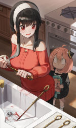 Rule 34 | 0 0, 2girls, :x, ahoge, anya (spy x family), bare shoulders, behind another, black hair, blood, bloody weapon, breasts, child, cleaning, cleaning weapon, dagger, director chimera (spy x family), earrings, glint, gold earrings, green eyes, hairband, highres, holding, holding dagger, holding knife, holding stuffed toy, holding weapon, hutosutoro, jewelry, kitchen, knife, large breasts, long hair, looking at another, looking back, looking down, looking up, md5 mismatch, medium hair, mother and daughter, multiple girls, off-shoulder sweater, off shoulder, pink hair, red eyes, resolution mismatch, sidelocks, sink, source larger, spy x family, stove, stuffed toy, sweatdrop, sweater, towel, washing, water, weapon, white hairband, wide-eyed, wiping, yor briar