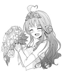 Rule 34 | 10s, 1girl, :d, ahoge, bad id, bad pixiv id, bare shoulders, blush, bouquet, crown, diadem, double bun, dress, elbow gloves, flower, furo (harirate), gloves, greyscale, hair bun, hair ornament, heart, heart ahoge, jewelry, kantai collection, kongou (kancolle), long hair, monochrome, necklace, open mouth, smile, solo, strapless, strapless dress, tiara, wedding dress