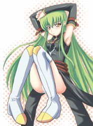 Rule 34 | 00s, armpits, boots, c.c., code geass, detached sleeves, green hair, long hair, panties, solo, thigh boots, thighhighs, towamin, underwear, white panties, yellow eyes