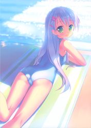 Rule 34 | 1girl, absurdres, ass, green eyes, hair ornament, hairclip, highres, long hair, looking at viewer, looking back, lying, old school swimsuit, on stomach, one-piece swimsuit, original, scan, school swimsuit, shade, silver hair, smile, solo, sunlight, swimsuit, takoyaki (roast), white one-piece swimsuit