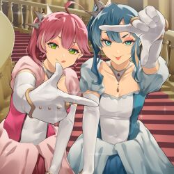 Rule 34 | 2girls, :p, :q, ahoge, alternate costume, bibideba (hololive), blue dress, blue eyes, blue hair, breasts, center-flap bangs, collarbone, commentary request, double-parted bangs, dress, earrings, elbow gloves, eyeshadow, finger frame, finger frame duo, gloves, hair between eyes, highres, hololive, hoshimachi suisei, jewelry, knees out of frame, leaning forward, long hair, looking at viewer, makeup, multiple girls, necklace, pink dress, pink eyeshadow, puffy short sleeves, puffy sleeves, railing, rena sakuma, sakura miko, short sleeves, side ponytail, single sidelock, small breasts, stairs, standing, star (symbol), star in eye, symbol in eye, tiara, tilted headwear, tongue, tongue out, virtual youtuber, white gloves