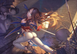 Rule 34 | 2girls, blue eyes, blue gloves, breasts, cleavage, fate/grand order, fate (series), floating hair, from side, glasses, gloves, holding, holding sword, holding weapon, leonardo da vinci (fate), long hair, looking at viewer, looking to the side, medium breasts, multiple girls, pants, parted lips, puffy short sleeves, puffy sleeves, rapier, rotix, short sleeves, skeleton, smile, stairs, sunlight, sword, tower, weapon, white pants