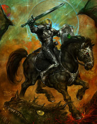 Rule 34 | arm up, armor, barding, blonde hair, boots, bridle, colored skin, dated, detroit metal city, dragon, grey skin, halil ural, holding, holding shield, holding sword, holding weapon, horse, horseback riding, johannes krauser ii, knight, lava, moon, outdoors, plate armor, red eyes, riding, saddle, scabbard, sheath, shield, shooting star, signature, stirrups (riding), sword, weapon