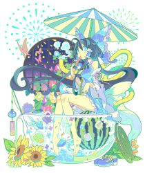 Rule 34 | 1girl, absurdly long hair, alternate color, barefoot, black hair, blue dress, blue eyes, bow, bug, butterfly, detached sleeves, dress, fireworks, fish, fishing rod, flower, food, fruit, goldfish, hair bow, hair tubes, hakurei reimu, highres, hose, insect, long hair, long sleeves, looking at viewer, morino hon, parasol, player 2, ponytail, popsicle, revision, ribbon-trimmed sleeves, ribbon trim, shoes, unworn shoes, sitting, sitting on object, soaking feet, solo, spilling, sunflower, touhou, tub, umbrella, very long hair, water, watermelon, watermelon bar, wide sleeves, wind chime
