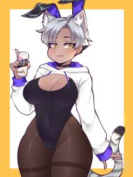 Rule 34 | 1girl, animal ears, beer can, black hair, black nails, black one-piece swimsuit, blush, borrowed character, breasts, brown pantyhose, can, cat ears, cat girl, cat tail, chocotoffy, choker, closed mouth, dark-skinned female, dark skin, drink can, fake animal ears, grey hair, highres, holding, holding can, kara (vertigris), large breasts, long sleeves, multicolored hair, one-piece swimsuit, original, pantyhose, pantyhose under swimsuit, rabbit ears, short hair, smile, solo, swimsuit, tail, wide hips, yellow eyes