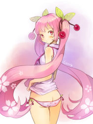 Rule 34 | 1girl, artist name, bad id, bad pixiv id, cherry blossoms, cocorip, floral print, hair ornament, hatsune miku, long hair, looking back, no pants, panties, pink eyes, pink hair, pink panties, sakura miku, solo, twintails, underwear, very long hair, vocaloid