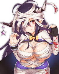 Rule 34 | 1girl, antenna hair, bandages, black gloves, black hair, blood, blood on clothes, blush, breasts, danua, draph, etan14, fingerless gloves, gloves, granblue fantasy, hair between eyes, halloween costume, highres, horn ornament, horns, large breasts, long hair, looking at viewer, mummy, parted lips, pointy ears, red eyes, single glove, solo, upper body