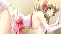 Rule 34 | 1boy, 1girl, arm support, bent over, blonde hair, blush, breasts, breasts out, censored, character request, clothes lift, clothes pull, dress, elbow gloves, game cg, gloves, hanging breasts, leaning forward, nipples, no bra, panties, penis, shirt pull, side ponytail, skirt, skirt lift, twintails, underwear, white gloves, white panties, with ribbon