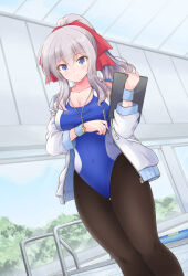 Rule 34 | 1girl, alternate costume, alternate hairstyle, black pantyhose, blue eyes, blue one-piece swimsuit, cardigan, commission, competition swimsuit, covered navel, feet out of frame, grey hair, hair ribbon, highres, kantai collection, kashima (kancolle), looking at viewer, one-piece swimsuit, open cardigan, open clothes, pantyhose, pantyhose under swimsuit, ponytail, red ribbon, ribbon, shizuna kaede, skeb commission, smile, solo, sweater, swimsuit, wavy hair, whistle, whistle around neck, white sweater