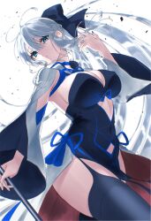 Rule 34 | 1girl, black bow, black dress, blue eyes, bow, breasts, cleavage, dress, fate/grand order, fate (series), grey hair, hair bow, highres, large breasts, long hair, long sleeves, looking at viewer, morgan le fay (fate), ponytail, shidare yanagi, sidelocks, solo, staff, thighhighs, thighs, two-tone dress, very long hair, white dress, wide sleeves