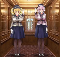 Rule 34 | 2girls, aqua eyes, blonde hair, blush, breasts, elevator, elevator operator, full body, gloves, hat, headphones, highres, large breasts, long hair, looking at viewer, multicolored hair, multiple girls, nitroplus, open mouth, orange eyes, pantyhose, pink eyes, pink hair, plump, smile, standing, super pochaco, super sonico, twintails, two-tone hair, uniform, v-mag, virtual youtuber, white gloves