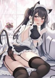 Rule 34 | 1girl, animal ear fluff, animal ears, apron, ass, back, black choker, black dress, black hair, black panties, black thighhighs, blush, breasts, brown eyes, cat ears, cat girl, cat tail, choker, curtains, detexted, dress, earrings, elbow gloves, eyelashes, flower, frilled apron, frilled skirt, frills, from behind, garter straps, gloves, hair ornament, hair ribbon, highres, indoors, jewelry, lace, lace-trimmed legwear, lace-trimmed panties, lace trim, large breasts, long hair, looking at viewer, looking back, maid, maid apron, maid headdress, melonbooks, on bed, open mouth, original, panties, paw pose, plant, potted plant, puffy short sleeves, puffy sleeves, purple flower, purple ribbon, ribbon, short sleeves, sideboob, sidelocks, skirt, solo, tail, tail raised, thighhighs, thighs, third-party edit, tomoo (tomo), twintails, underwear, very long hair, waist apron, white apron, white gloves, window