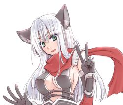 Rule 34 | 1girl, animal ear fluff, animal ears, armor, assassin cross (ragnarok online), black gloves, black leotard, blush, breasts, cat ears, cat girl, cleavage, commentary request, elbow gloves, gloves, green eyes, hair between eyes, koizumi (0w05070w0), leotard, long bangs, long hair, looking at viewer, medium breasts, open mouth, pauldrons, ragnarok online, red scarf, scarf, shoulder armor, sidelocks, simple background, smile, solo, upper body, v, vambraces, white background, white hair