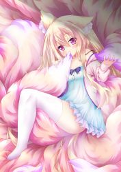 Rule 34 | 1girl, absurdres, animal ear fluff, animal ears, biting, biting own tail, blonde hair, fox ears, fox girl, fox tail, full body, highres, holding own tail, komuginyan, long hair, multicolored tail, nightgown, original, pink tail, solo, strap slip, tail, tail biting, tail in mouth, thighhighs, too much fluff, white thighhighs, zettai ryouiki