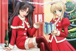 Rule 34 | 00s, 2girls, :d, ;d, absurdres, ahoge, alcohol, alternate costume, aqua eyes, arm support, artoria pendragon (fate), black hair, black ribbon, blonde hair, blue ribbon, bottle, box, braid, capelet, champagne, christmas, christmas tree, copyright name, cup, dress, drink, drinking glass, fate/stay night, fate (series), female focus, french braid, gift, gift box, glass, green eyes, happy, head tilt, highres, holding, holding gift, indoors, ishihara megumi, legs, crossed legs, long hair, long legs, long sleeves, multiple girls, on table, one eye closed, open mouth, red capelet, red dress, red legwear, ribbon, saber (fate), santa costume, scan, short hair, sitting, smile, standing, table, thighhighs, tohsaka rin, tree, two side up, type-moon, window, wink, zettai ryouiki