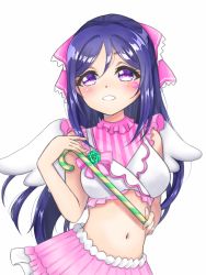 Rule 34 | 1girl, artist name, artist request, bare shoulders, blue hair, blush, bow, breasts, candy, candy cane, cleavage, collarbone, collared shirt, crescent print, dress, female focus, food, frilled dress, frills, galaxy hide and seek, green flower, hair between eyes, hair bow, hair ornament, hihana, holding, holding candy, holding candy cane, holding food, long hair, looking at viewer, love live!, love live! school idol festival, love live! sunshine!!, matsuura kanan, medium breasts, moon print, navel, parted lips, pink bow, pink skirt, purple eyes, shirt, skirt, smile, solo, striped clothes, striped dress, striped skirt, vertical-striped clothes, vertical-striped dress, vertical-striped skirt, white background, white shirt, white wings, wings
