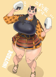 Rule 34 | 1girl, armor, asaki takayuki, bare legs, black hair, breasts, broken tooth, brown eyes, chipped tooth, curvy, dungeon meshi, food, full body, holding, holding food, horns, huge breasts, inutade, japanese armor, japanese clothes, kimono, low twintails, muscular, muscular female, muscular legs, oni, onigiri, open mouth, orc, short kimono, simple background, skin-covered horns, smile, solo, thick thighs, thighs, twintails, wide hips, yellow kimono