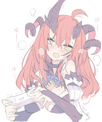Rule 34 | 1girl, ahoge, bare shoulders, belt collar, blade (galaxist), blue eyes, blush, breasts, bridal gauntlets, collar, controller, curled horns, drooling, holding, horns, large breasts, long hair, magrona, magrona channel, nose blush, open mouth, red hair, solo, trembling, upper body, virtual youtuber