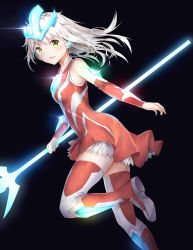 Rule 34 | 1girl, absurdres, arm warmers, bare shoulders, black background, blush, boots, breasts, detached sleeves, diffraction spikes, dress, female focus, floating hair, gem, genderswap, genderswap (mtf), ginga spark, glowing, glowing weapon, grey hair, hair between eyes, headgear, highres, holding, holding weapon, knee boots, lance, leg up, long hair, looking at viewer, looking to the side, open mouth, outstretched arm, personification, polearm, red dress, red footwear, red thighhighs, short dress, simple background, sleeveless, sleeveless dress, small breasts, smile, solo, tareme, taro (ultrataro), thighhighs, trident, ultra series, ultraman ginga, ultraman ginga (series), weapon, white thighhighs, wind, yellow eyes