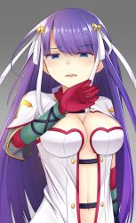 Rule 34 | 1girl, bad id, bad pixiv id, blue eyes, blush, breasts, center opening, cleavage, doyachii, elbow gloves, fate/grand order, fate (series), gloves, grey background, hair ornament, highres, long hair, looking at viewer, martha (fate), medium breasts, navel, open mouth, purple hair, red gloves, short sleeves, simple background, solo