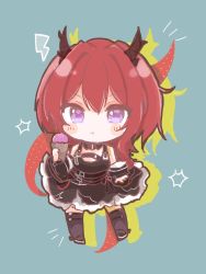 Rule 34 | :t, arknights, bare shoulders, black dress, black thighhighs, blue background, blush stickers, chibi, closed mouth, commentary request, dress, drop shadow, food, full body, hair between eyes, highres, holding, holding food, horns, ice cream, ice cream cone, lightning bolt symbol, long hair, looking at viewer, mom2, pout, purple eyes, red hair, sleeveless, sleeveless dress, solo, surtr (arknights), thighhighs, v-shaped eyebrows, very long hair