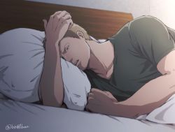 Rule 34 | 1boy, bad id, bad pixiv id, bun (bbb81bun), casual, from side, green shirt, looking at viewer, lying, male focus, on bed, on side, pectorals, pov across bed, reiner braun, shingeki no kyojin, shirt, short hair, solo