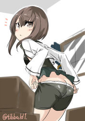 Rule 34 | 10s, 1girl, ^^^, ass, bad id, bad twitter id, bike shorts, blush, brown eyes, brown hair, butt crack, closed mouth, cowboy shot, curtains, ebifurya, eyebrows, from side, grey skirt, hair between eyes, highres, inactive account, indoors, kantai collection, long sleeves, looking at viewer, microskirt, panties, panties under bike shorts, pleated skirt, short hair, skirt, solo, taihou (kancolle), twitter username, underwear, white panties, window