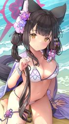 Rule 34 | 1girl, absurdres, animal ear fluff, animal ears, arm up, barefoot, beach, bikini, black hair, blue archive, breasts, brown eyes, cleavage, flower, fox ears, fox girl, fox tail, hair flower, hair ornament, halo, highres, long hair, looking at viewer, low twintails, navel, nomio, ocean, outdoors, sitting, solo, stomach, swimsuit, tail, thigh strap, thighs, twintails, very long hair, wakamo (blue archive), water, white bikini