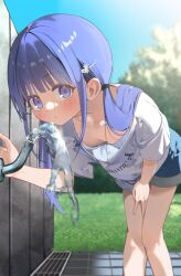 1girl accidental_exposure bent_over blue_eyes blush bra breasts closed_mouth collarbone downblouse faucet hair_ornament hayakawa_sena_(pei_iriya) highres leaning_forward long_hair original outdoors pei_iriya purple_hair shirt short_sleeves solo t-shirt twintails underwear v white_shirt