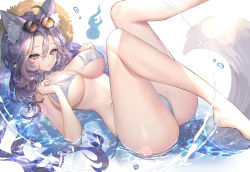 Rule 34 | 1girl, animal ear fluff, animal ears, ass, bare shoulders, barefoot, bikini, breasts, cleavage, closed mouth, eyewear on head, fox ears, fox girl, fox tail, green eyes, hair between eyes, hands on own chest, highres, hitowa, knees up, large breasts, legs up, long hair, looking at viewer, lying, on back, original, purple hair, solo, sunglasses, swimsuit, tail, thighs, water, water drop, white bikini