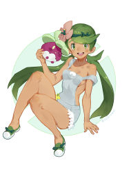 Rule 34 | 1girl, arm support, blush, bounsweet, breasts, codename47, commentary, creatures (company), dark-skinned female, dark skin, flower, game freak, gen 7 pokemon, green eyes, green hair, hair flower, hair ornament, highres, long hair, looking at viewer, low twintails, mallow (pokemon), naked overalls, nintendo, open mouth, overalls, pokemon, pokemon (creature), pokemon sm, sideboob, simple background, smile, strap slip, tan, twintails