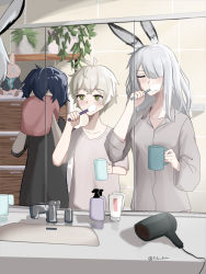 Rule 34 | 1girl, 2boys, amiya (arknights), animal ears, antenna hair, arknights, bathroom, black hair, black shirt, blush, character doll, collared shirt, cup, drying, faucet, faust (arknights), frostnova (arknights), green eyes, grey hair, grey shirt, hair dryer, hair over one eye, highres, holding, holding cup, holding towel, indoors, long hair, mephisto (arknights), mirror, mug, multiple boys, plant, potted plant, rabbit ears, rabbit girl, shirt, short hair, sink, soap bottle, tofudofu, towel, twitter username