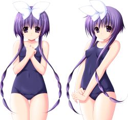 Rule 34 | 00s, 1girl, arm up, ass, atelier kaguya, bare legs, blue hair, blue one-piece swimsuit, braid, breasts, choco chip, closed mouth, collarbone, competition swimsuit, covered erect nipples, eyelashes, feet out of frame, female focus, game cg, hair between eyes, hair ornament, hair ribbon, hand on own chest, highres, long hair, looking at viewer, midou kotone, multiple views, navel, one-piece swimsuit, osananajimi to ama~ku ecchi ni sugosu houhou, own hands clasped, purple eyes, ribbon, school swimsuit, shade, simple background, sleeveless, small breasts, smile, standing, stomach, swimsuit, tachi-e, thighs, transparent background, twintails, very long hair