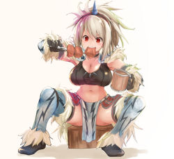 Rule 34 | 1girl, asahi (fullmetal madness), blush, boots, breasts, cleavage, cup, eating, food, fur trim, gloves, horns, kebab, kirin (armor), large breasts, meat, midriff, monster hunter (series), monster hunter: world, mug, navel, pelvic curtain, red eyes, sitting, solo, spread legs, strapless, sweatdrop, thigh boots, thighhighs, tube top, white hair