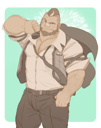Rule 34 | 1boy, alternate costume, arm hair, artist request, bandaid, bandaid on face, bandaid on nose, bara, beard, black hair, black pants, black vest, blue eyes, bursting pectorals, chest hair, collared shirt, cyphers, damian doyle (cyphers), dark-skinned male, dark skin, facial hair, feet out of frame, flat color, head tilt, highres, jacket, jacket on shoulders, large pectorals, loose necktie, male focus, mature male, mohawk, muscular, muscular male, necktie, pants, pectoral cleavage, pectorals, scar, scar across eye, shirt, short hair, sleeves rolled up, smile, solo, thick eyebrows, thick thighs, thighs, vest