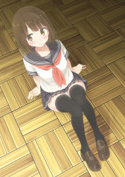 Rule 34 | 1girl, bad id, bad pixiv id, black skirt, black thighhighs, blouse, blush, brown footwear, brown hair, collarbone, commentary request, crossed arms, from above, full body, glasses, hands on floor, loafers, looking at viewer, looking up, neckerchief, original, panties, pantyshot, pleated skirt, red neckerchief, sailor collar, school uniform, serafuku, shirt, shoes, short hair, short sleeves, simple background, sitting, skirt, smile, solo, swept bangs, thighhighs, tsuke (maholabo), underwear, white background, white shirt, wooden floor, yellow eyes
