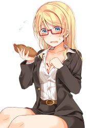 Rule 34 | 1girl, ayase eli, belt, bespectacled, black jacket, black skirt, blonde hair, blue eyes, blush, breasts, cleavage, clenched hand, collarbone, collared shirt, commentary request, flying sweatdrops, food, food on body, food on breasts, formal, glasses, hair down, holding, holding food, hot dog, jacket, long hair, long sleeves, love live!, love live! school idol festival, love live! school idol project, medium breasts, miniskirt, mogu (au1127), open mouth, pencil skirt, pinstripe pattern, red-framed eyewear, semi-rimless eyewear, shirt, simple background, sitting, skirt, skirt suit, solo, spill, striped clothes, striped shirt, suit, sweatdrop, under-rim eyewear, vertical-striped clothes, vertical-striped shirt, white background