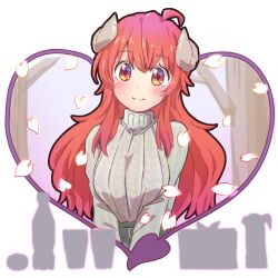 Rule 34 | 1girl, ahoge, blush, breasts, brown eyes, casual, closed mouth, commentary request, cropped legs, curled horns, demon girl, demon horns, demon tail, falling petals, grey sweater, hair between eyes, heart, highres, horns, icorasama, large breasts, long hair, looking at viewer, machikado mazoku, petals, red hair, ribbed sweater, simple background, smile, solo, sweater, tail, tareme, turtleneck, turtleneck sweater, upper body, v arms, very long hair, white background, yoshida yuuko (machikado mazoku)