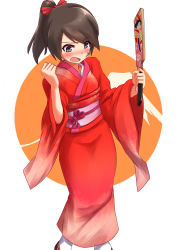 Rule 34 | 10s, 1girl, a9b (louis814), blush, brown hair, drawing on another&#039;s face, geta, grey eyes, highres, japanese clothes, kantai collection, kimono, obi, open mouth, ponytail, sash, shikinami (kancolle), solo