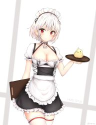 Rule 34 | 1girl, absurdres, apron, azur lane, bird, blush, breasts, character name, cleavage, clipboard, collarbone, cowboy shot, dress, frilled dress, frills, haruka (pixiv11780426), highres, jewelry, looking at viewer, maid, maid apron, maid headdress, medium breasts, necklace, red eyes, short dress, short hair, short sleeves, silver hair, sirius (azur lane), solo, thighhighs, tray, twitter username, white thighhighs, zettai ryouiki
