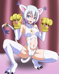 Rule 34 | 1girl, animal ears, animal hands, bare shoulders, blush, breasts, cameltoe, cat ears, cat paws, cat tail, cleavage cutout, cleft of venus, clothing cutout, cosplay, covered erect nipples, digimon, heigako, highres, humanization, leotard, looking at viewer, medium breasts, navel, nipples, off shoulder, shiny clothes, shiny skin, spread legs, tail, tailmon, thighhighs, thighs, white hair, white leotard