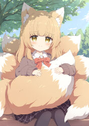 Rule 34 | 1girl, animal ear fluff, animal ears, black pantyhose, black skirt, blonde hair, brown eyes, brown sweater, commission, fox ears, fox girl, fox tail, highres, holding own tail, long hair, looking at viewer, multiple tails, original, outdoors, pantyhose, plaid, plaid skirt, pleated skirt, shirt, sitting, skeb commission, skirt, smile, solo, sweater, tail, tree, tyakomes, white shirt