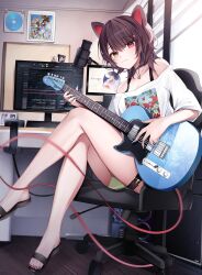 Rule 34 | 1girl, absurdres, animal ears, black footwear, blue nails, brown hair, cable, chair, computer, computer tower, desktop, dog ears, dog girl, electric guitar, fingernails, gaming chair, green shorts, guitar, heterochromia, highres, instrument, inui toko, inui toko (2nd costume), jewelry, long fingernails, medium hair, microphone, necklace, nijisanji, off-shoulder shirt, off shoulder, playing guitar, red eyes, red nails, rgb lights, sandals, shirt, shorts, simoxia, sitting, smile, solo, swept bangs, swivel chair, thigh strap, virtual youtuber, white shirt, yellow eyes