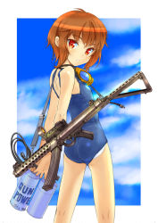 Rule 34 | akimoto kouji, ass, gas cylinder, goggles, gun, looking at viewer, looking back, one-piece swimsuit, school swimsuit, short hair, solo, sterling smg, sterling submachine gun, submachine gun, swimsuit, weapon