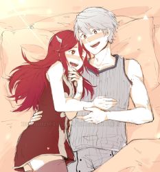 Rule 34 | 1boy, 1girl, ^ ^, bed, blush, closed eyes, cordelia (fire emblem), couple, cowboy shot, day, eye contact, fire emblem, fire emblem awakening, hair ornament, heart, hetero, hug, husband and wife, long hair, looking at another, lovers (game), lying, matching hair/eyes, morning, namiine, nintendo, on back, on side, one eye closed, pillow, red eyes, red hair, robin (fire emblem), robin (male) (fire emblem), simple background, smile, thighhighs, thighs, very long hair, watermark, white hair, zettai ryouiki