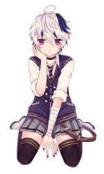 Rule 34 | 1girl, ahoge, bandaged arm, bandages, belt, black thighhighs, blush, commentary request, flower (vocaloid), flower (vocaloid4), grey skirt, hand on own cheek, hand on own face, highres, looking at viewer, multicolored hair, nail polish, necktie, parted lips, purple eyes, purple hair, purple vest, raki1102mi, shirt, sitting, skirt, sleeves rolled up, solo, streaked hair, striped necktie, striped neckwear, thighhighs, vest, vocaloid, wariza, white background, white hair, white shirt, zettai ryouiki
