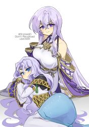 Rule 34 | 2girls, ass, bare shoulders, blue eyes, breasts, cape, circlet, fire emblem, fire emblem: genealogy of the holy war, fire emblem: thracia 776, julia (fire emblem), large breasts, long hair, looking at viewer, lying on lap, multiple girls, nintendo, purple cape, purple hair, sara (fire emblem), simple background, sitting, small breasts, very long hair, wide sleeves, yukia (firstaid0)