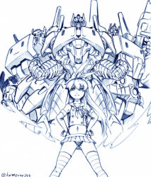 Rule 34 | &gt;:), 10s, 1girl, 3boys, anchor, anchor hair ornament, autobot, black panties, character request, crop top, crossover, decepticon, elbow gloves, gloves, gun, gunbuster pose, hair ornament, hairband, hands on own hips, highleg, highleg panties, kamizono (spookyhouse), kantai collection, long hair, looking at viewer, machine, machinery, mecha, microskirt, miniskirt, monochrome, multiple boys, navel, open mouth, optimus prime, panties, personification, pleated skirt, rensouhou-chan, robot, sailor collar, school uniform, science fiction, scorponok, serafuku, shimakaze (kancolle), skirt, smile, striped clothes, striped thighhighs, thighhighs, thong, transformers, transformers: generation 1, twitter username, ultra magnus, underwear, uniform, v-shaped eyebrows, weapon, white gloves
